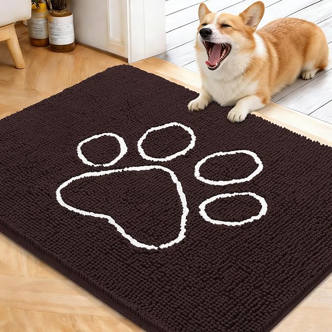 OLANLY Dog Door Mat for Muddy Paws 40x32, Paw Print Design, Absorbs Moisture and Dirt, Absorbent Non-Slip Washable Doormat, Quick Dry Chenille Mud Mat for Dogs, Entry Indoor Entryway Carpet, Brown by OLANLY