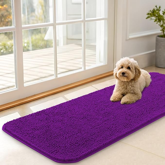 OLANLY Dog Door Mat for Muddy Paws 47x17, Absorbs Moisture and Dirt, Absorbent Non-Slip Washable Doormat, Quick Dry Chenille Mud Mat for Dogs, Entry Indoor Entryway Carpet for Inside Floor, Purple by OLANLY