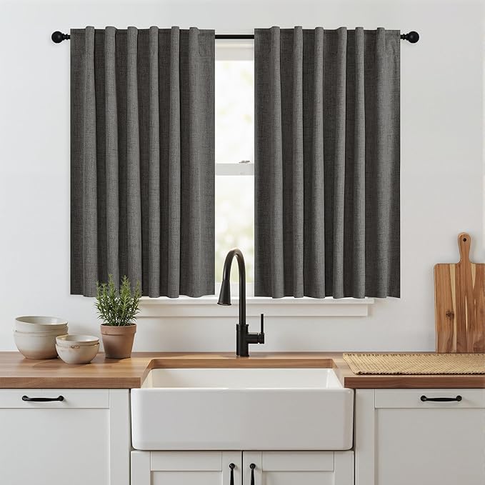 RYB HOME Grey 100% Blackout Short Curtains 52 Width 45 inch Length, Light Blocking & Thermal Insulated Curtains for Kitchen/Small Window/Bathroom/Basement, 2 Panels by RYBHOME