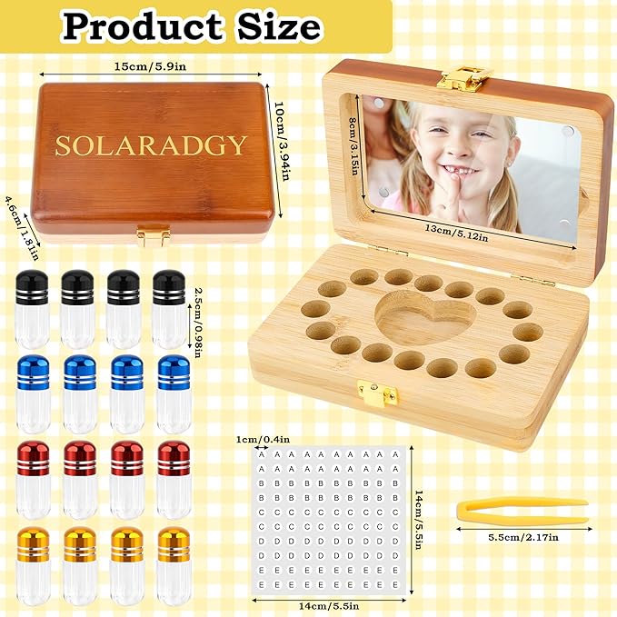 Wooden Tooth Fairy Keepsake Box for Kids, Baby Teeth Storage Organizer with 16 Sealed Plastic Tubes, Tweezers & Label Paper for Lost Teeth Collection - Image 2