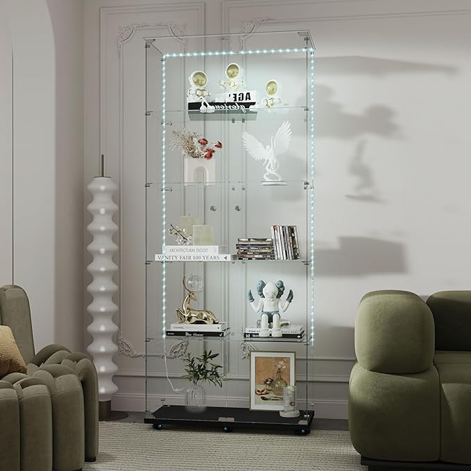 Yoluckea 5 Tiers Glass Display Cabinet with Bluetooth LED Light Strip, 2 Doors Floor Standing Curio Cabinet with Universal Wheel for Home Office Display,Black Glass Bookshelf for Collections,Clear Top by Yoluckea