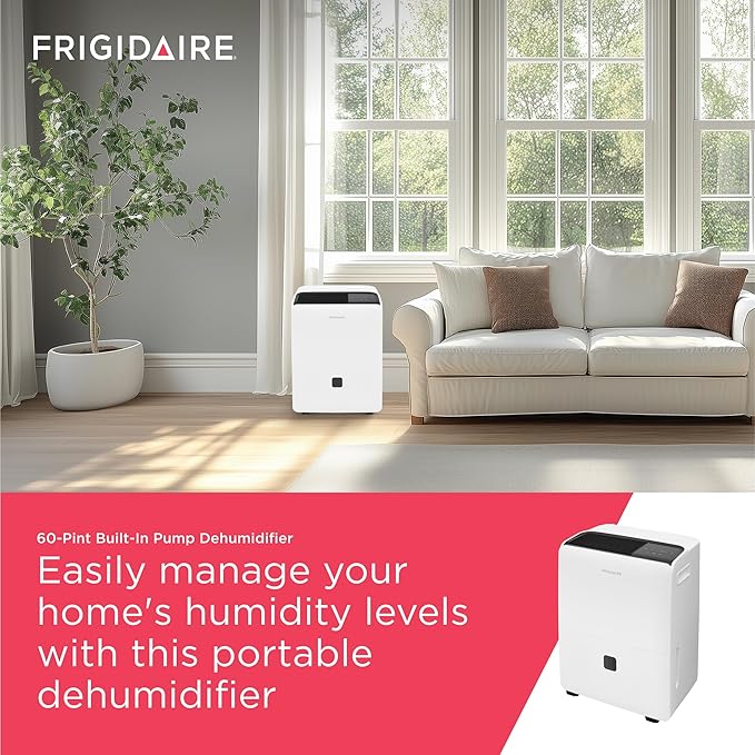 Frigidaire 60-Pint Portable Dehumidifier with Built-In Pump for Large Rooms & Basements, Custom Humidity Control, Auto Shut Off, White - Image 3