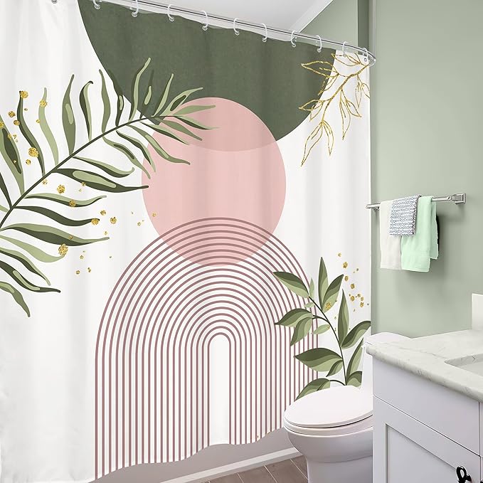 Green Pink Boho Shower Curtain 72Wx72H Modern Bohemian Abstract Sage Green Gold Leaves Plant Botanical Minimalist Bathroom Decor Geometric Neutral Bath Curtain Fabric Polyester 12 Pack Hook - Image 3