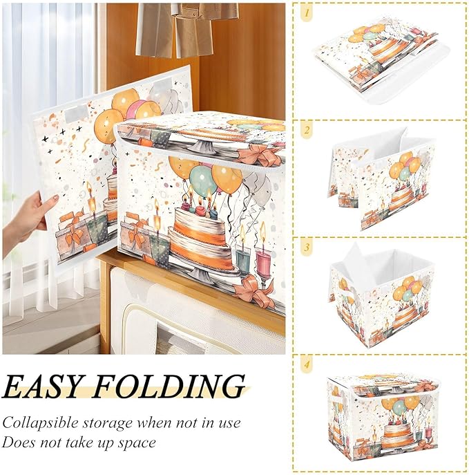 xigua Happy Birthday Pattern Storage Bins with Lids and Carrying Handle,Foldable Storage Boxes Organizer Containers Baskets Cube with Cover for Home Bedroom Closet Office - Image 4