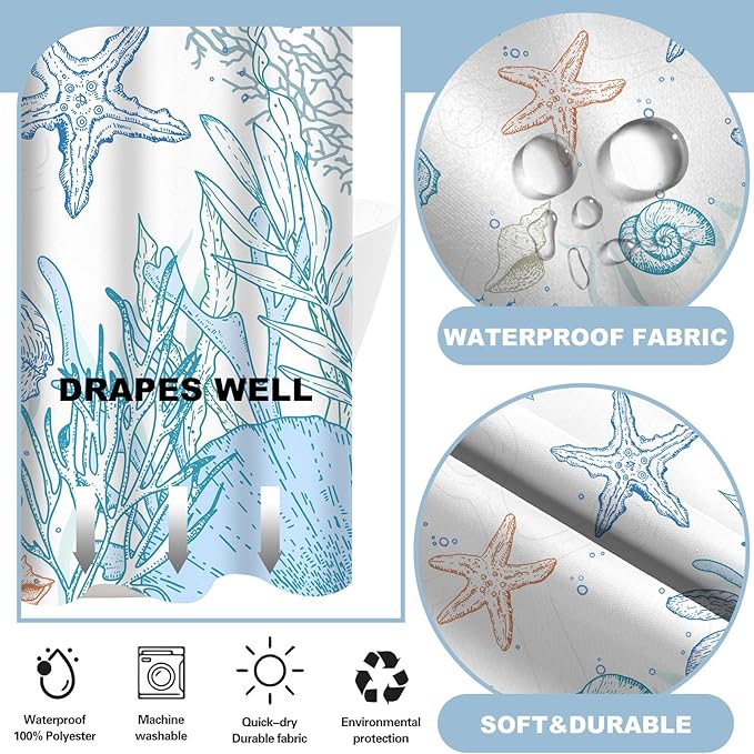 No Hook Shower Curtain with Snap in Liner, Beach Ocean Nautical Coastal Shower Curtains and Liner Set for Bathroom, Seashell Hotel Fabric Bath Curtain, Waterproof Washable, Orange 71" x 74" - Image 3