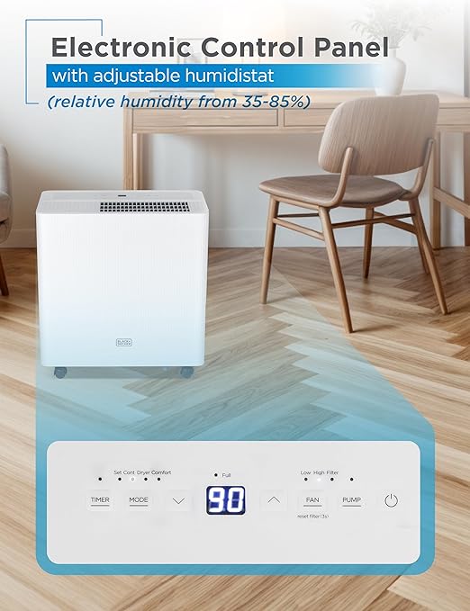 BLACK+DECKER 50-Pint Portable Dehumidifier with Built-in Pump, Dehumidifier with Pump for up to 4500 Sq. Ft., For Home and Large Spaces, Removable Bucket and Drain Hoses Included, BD50PMWSA, White - Image 3
