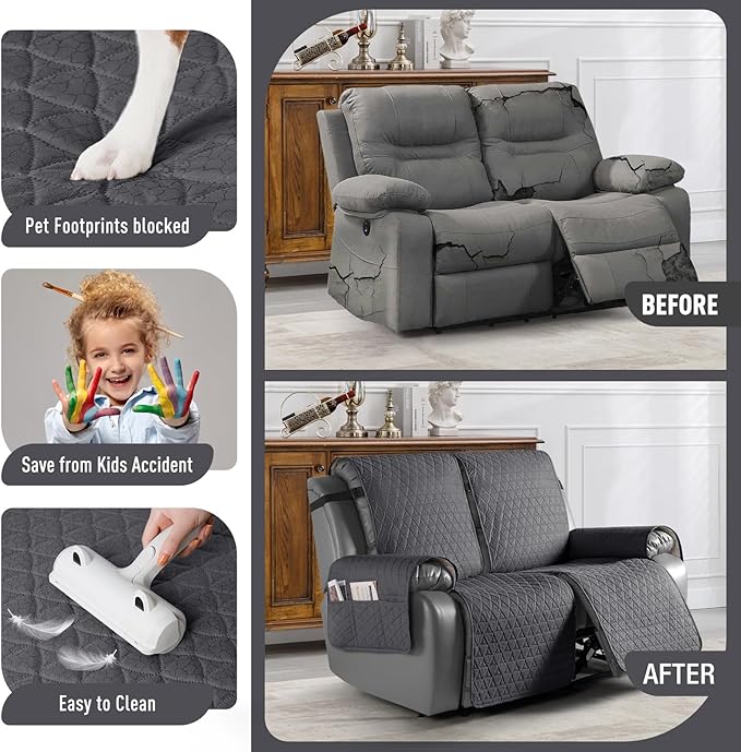 TAOCOCO 100% Waterproof Recliner Cover, Non-Slip Washable Reclining Couch Cover with Elastic Leg Straps, Furniture Protector for Dogs (Black Gray, 2 Seater) - Image 2