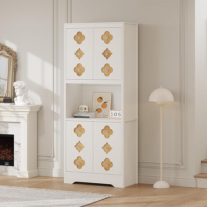 Garvee 72" Tall Pantry Cabinet, Kitchen Hutch Storage Cabinet with Countertop for Microwave, Freestanding Wooden Cupboard with Carved Door & Crystal Handle, for Dining Room, Living Room, Antique White - Image 7