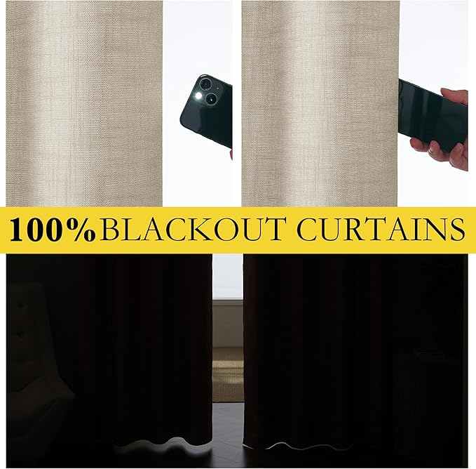 NICETOWN Taupe 100% Blackout Linen Curtains 84 inch Long Burg, Farmhouse Thick Completely Blackout Window Treatment Panels Thermal Insulated Drapes for Living Room (1 Pair, 52" Width Each Panel) - Image 2