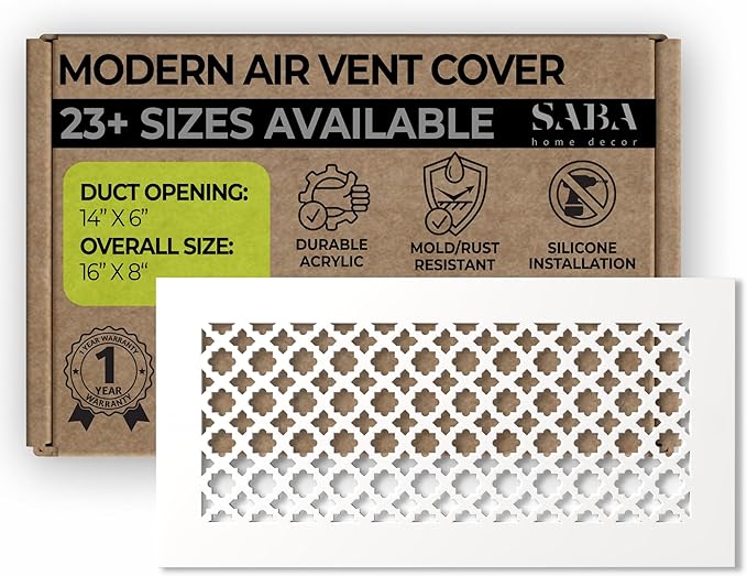SABA Home Decor Air Vent Cover Grille - Acrylic Plexiglass 6 x 14 Duct Opening, 8 x 16 Overall White Finish Decorative Covers for Walls & Ceilings NOT for Floor USE, Venetian by SABAHomeDecor