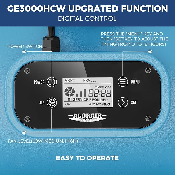 ALORAIR 3000 CFM Air Mover Blower Fan, 3-Speed Floor Drying Fan with 4 Blowing Angles，18 Timer，Display Screen，Handle Wheelkit，Carpet Buckles，Ideal for Water Damage Restoration and Plumbing - GE3000HCW - Image 3