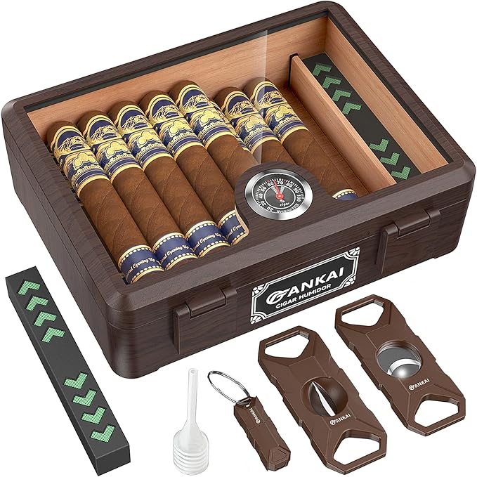 Cigar Humidor, Glass top Cigar Case with Straight Cutter Guillotine, V Cut, Punch Tool, Spanish Cedar Wood Lining Case, Crush-Proof Storage Box with Humidifier & Hygrometer by FANKAI