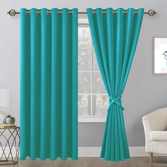 Hiasan Room Darkening Curtains for Bedroom, 70 x 84 Inches - Thermal Insulated & Energy Saving Window Drapes for Living Room/Dorm Room, Set of 2 Panels Sewn with Tiebacks, Peacock Teal - Image 2