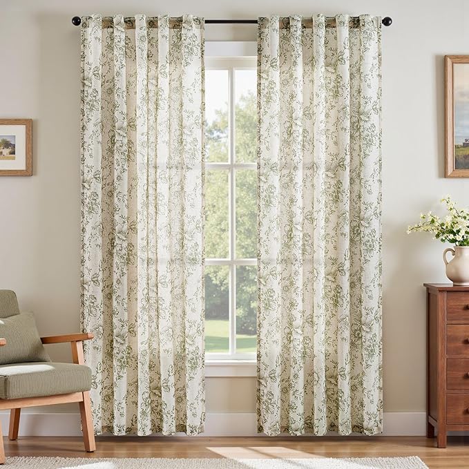 jinchan Linen Blend Floral Curtains for Living Room 90 Inch Length Farmhouse Printed Curtain Rod Pocket Back Tab Sage Green Peony Flower Patterned Drapes Bedroom Curtains Set 2 Panels by JINCHAN