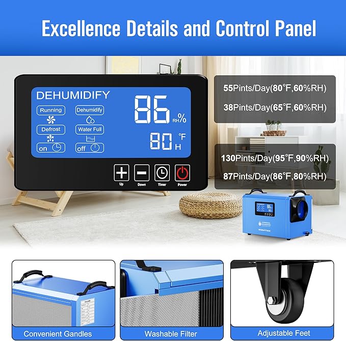 145 Pints Commercial Dehumidifier for Large Basements & Crawl Spaces up to 6500 Sq.Ft, Industrial Dehumidifiers for Water Damage Restoration, Auto Defrost, Continuous Drain Hose, Memory Function, Blue - Image 4