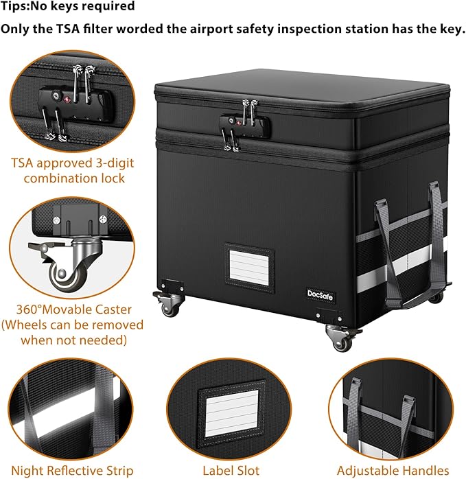 DocSafe Fireproof Document Box with Lock,2-Layer File Box with Wheels,Collapsible File Storage Organizer with Pockets,Large Portable Home Filing Cabinet for Hanging Folders,Black,16''x13.8''x12.2'' - Image 5