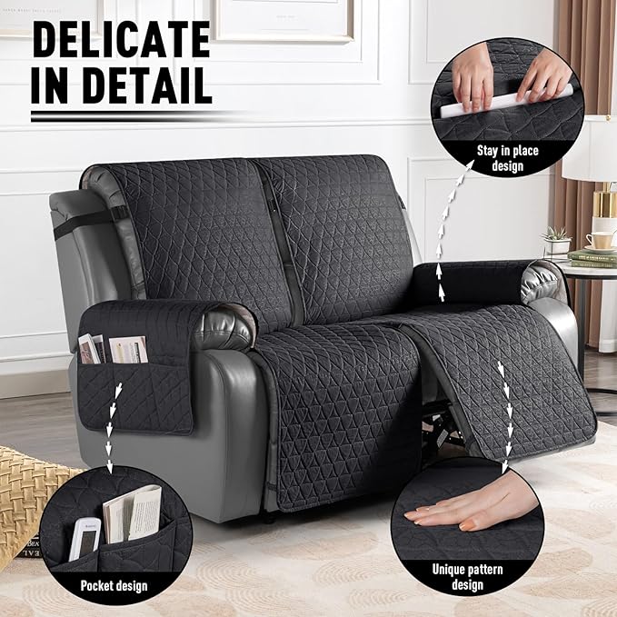 TAOCOCO 100% Waterproof Recliner Cover, Non-Slip Washable Reclining Couch Cover with Elastic Leg Straps, Furniture Protector for Dogs (Black, 2 Seater) - Image 6