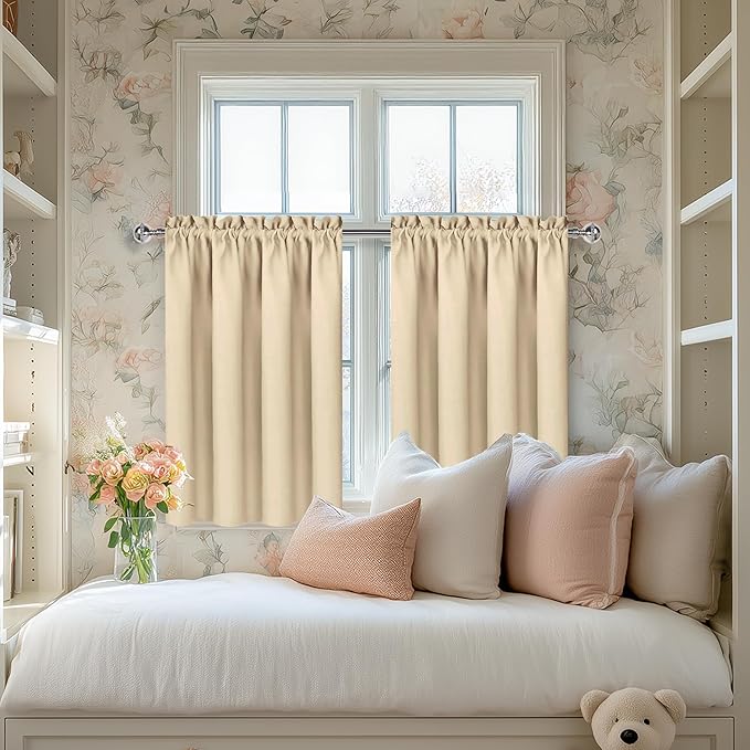 DWCN Beige Room Darkening Curtains for Kitchen/Bedroom, 60 x 36 inches Long - Energy Saving Window Drapes for Nursery with Rod Pocket, Set of 2 Panels - Image 3