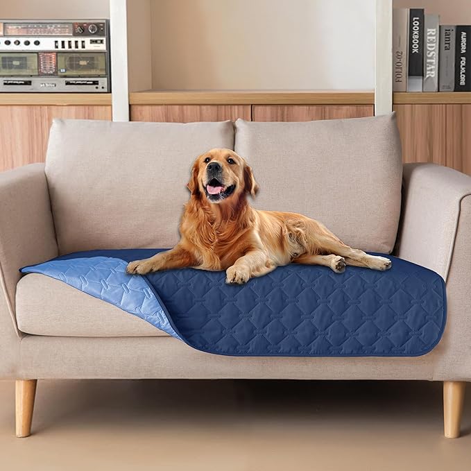 gogobunny 100% Double Sided Waterproof Dog Blanket Soft Pet Bed Cover Reversible Protect Furniture Couch Sofa Car for Puppy Large Dog Cat (Dark Navy/Light Navy, 32x53 Inch (Pack of 1)) by gogobunny
