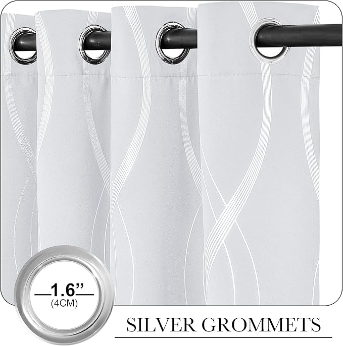 NICETOWN Greyish White Blackout Curtains for Bedroom, Microfiber Noise Reducing Thermal Insulated Wave Line Foil Print Design Blackout Curtains for Office, Classroom (2 Panels, 52 x 45 Inch) - Image 3