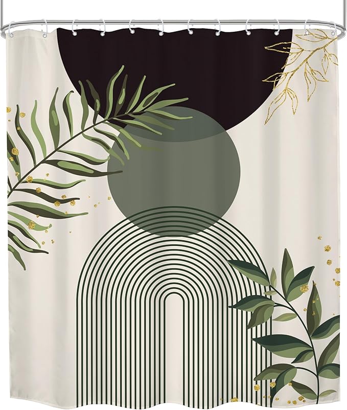 Dark Green Boho Shower Curtain 60Wx72H Black Green Modern Bohemian Mid Century Abstract Gold Leaves Plant Bathroom Decor Minimalist Geometric Neutral Bath Curtain Fabric Polyester 12 Pack Hooks - Image 8