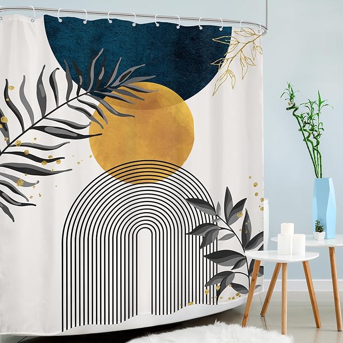 Navy Blue Boho Shower Curtain 60Wx72H Modern Bohemian Mid Century Abstract Gold Leaves Minimalist Geometric Plant Bathroom Decor Neutral Botanical Bath Curtain Fabric Polyester 12 Pack Hooks - Image 3