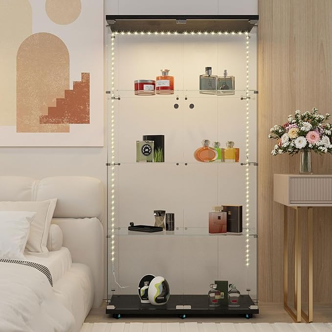 Yoluckea 4-Tier Glass Display Cabinet with Bluetooth LED Light Strip, 2-Door Floor Standing Curio Cabinet with Universal Wheel for Home Office Display, Black Glass Bookshelf for Collections, Wood Top - Image 5