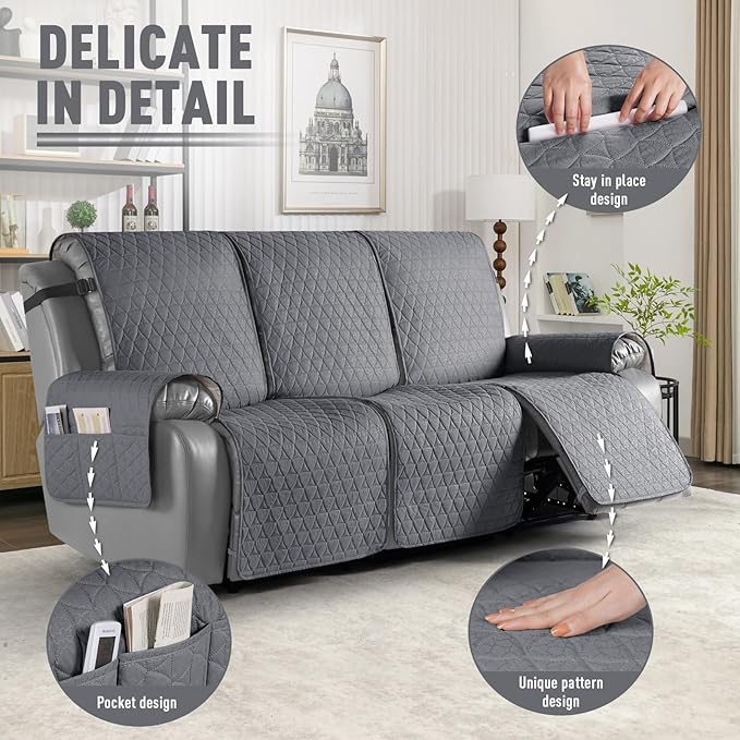 TAOCOCO 100% Waterproof Recliner Cover, Non-Slip Washable Reclining Couch Cover with Elastic Leg Straps, Furniture Protector for Dogs (Gray,3 Seater) - Image 5