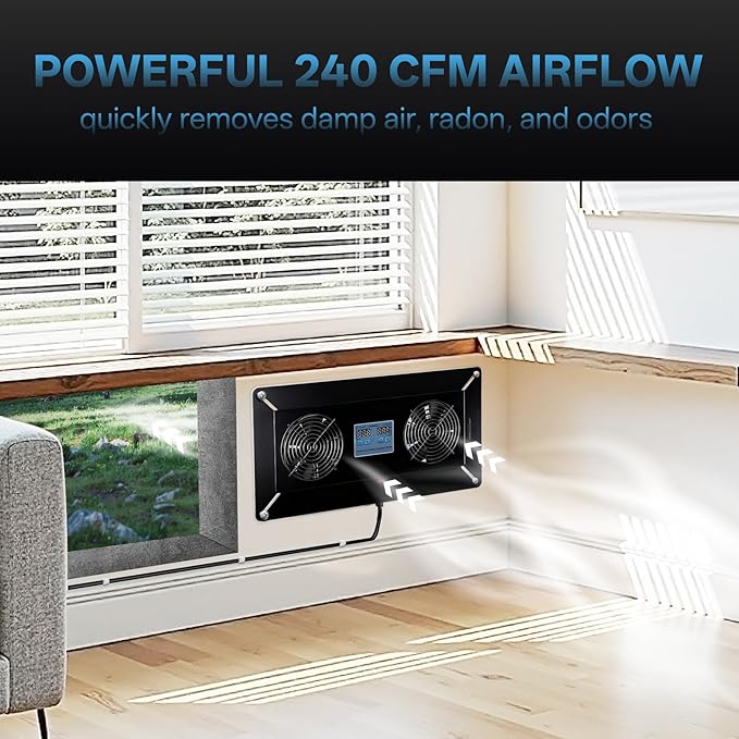 240 CFM Crawlspace Vent Fan, With Thermostat,Humidistat, Crawlspace Fans, For Moisture Reduction, Radon Mitigation, Freeze Protection, Ideal for Basement, Attic, Crawl Space Fan Vent(Black) - Image 3