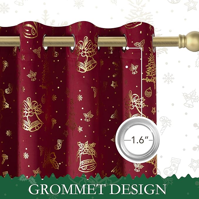 NICETOWN 2 Panels Christmas Red Grommets Curtains 42 x 63 Inch, Gold Stamping Xmas Theme Window Treatment Drapes for Holiday Party Home Decor, Decorative Blackout Curtain Set - Image 2