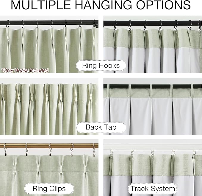 Kayne Studio Soft Green Pinch Pleated Full Blackout Curtains, Linen Blend Room Darkening Thermal Insulated Soundproof Drapes, 95 Inch Back Tab Window Curtains for Living Room Bedroom(2 Panels,40"x95") - Image 3