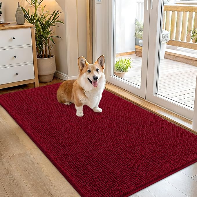 OLANLY Dog Door Mat for Muddy Paws 54x32, Absorbs Moisture and Dirt, Absorbent Non-Slip Washable Doormat, Quick Dry Chenille Mud Mat for Dogs, Entry Indoor Entryway Carpet for Inside Floor, Red by OLANLY