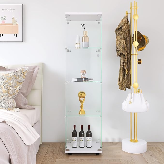 Yoluckea 4 Shelves Glass Display Cabinet with Door, Curio Collection Display Case for Home Office, Floor Standing Bookshelf Corner Cabinet Upgrade Assembly (White) - Image 9