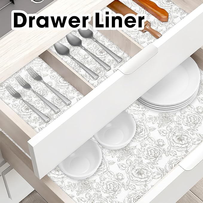 Drawer and Shelf Liners for Kitchen Cabinets Non-Adhesive Cabinet Liners Strong Grip Non Slip Waterproof Contact Paper for Cabinets and Drawers Shelves Cupboard,Flower,12IN X 20FT - Image 7