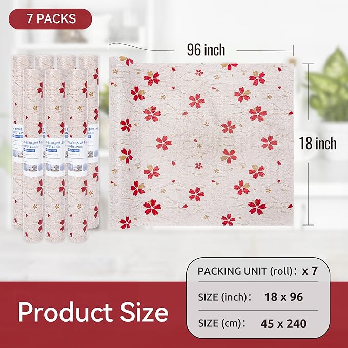 FIFTY FEET 18"x96" Non-Adhesive Shelf Liner for Kitchen Cabinets and Drawers, Washable Non-Slip PVC Cabinet Liner (Red Floral)(7 Roll) - Image 5
