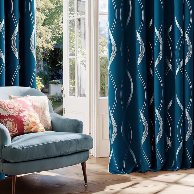 NICETOWN Moroccan Blue Blackout Curtains 84 inch Long for Living Room, Art Decor Scandinavian Style for Festival Wave Line Foil Print Design Drapes for Wall Cover, W52 x L84, 2 Panels - Image 3