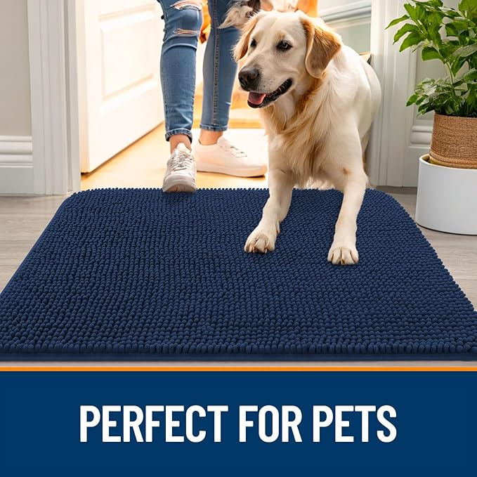 OLANLY Dog Door Mat for Muddy Paws 59x20, Absorbs Moisture and Dirt, Absorbent Non-Slip Washable Doormat, Quick Dry Chenille Mud Mat for Dogs, Entry Indoor Entryway Carpet for Inside Floor, Dark Blue - Image 6