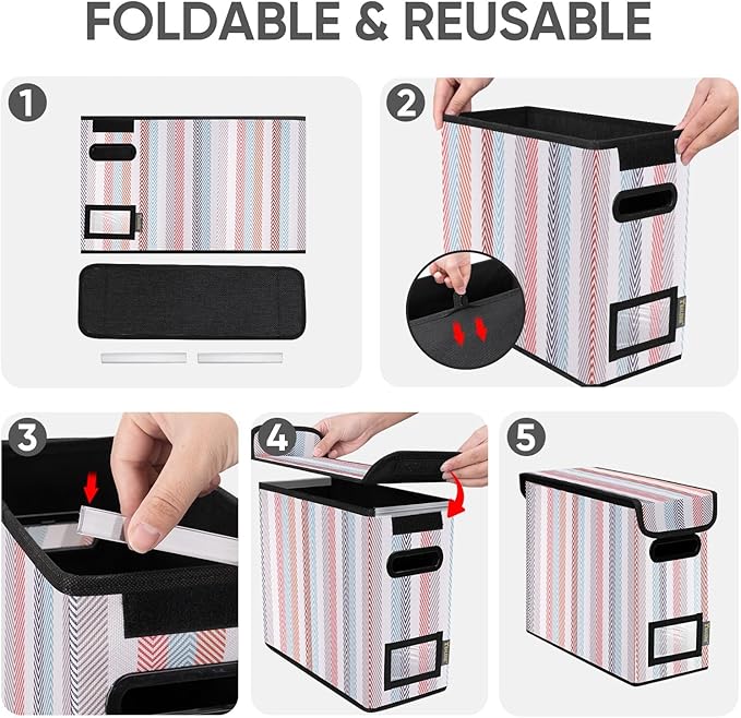 BALEINE File Organizer Box with Lid, Collapsible File Folder Organizer with Plastic Slide, Hanging File Folder Box for Office Document Storage (2 Pack, Color Stripe, S) - Image 8