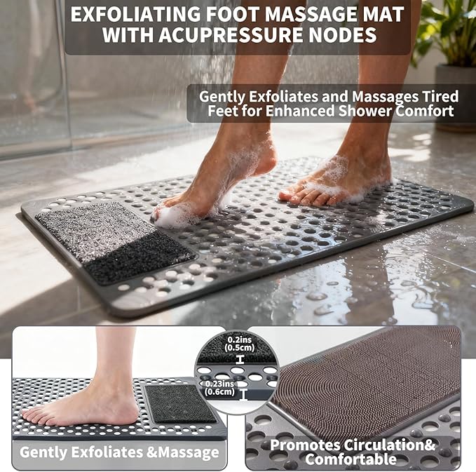 Bath Tub Shower Mat with Soft Shower Foot Scrubber Mat for Massage,Non Slip Bathtub Mat with Strong Suction Cups, Silicone Shower Foot Scrubber Mat (Gray, 35.4" X 23.6"(Rectangular)) - Image 6