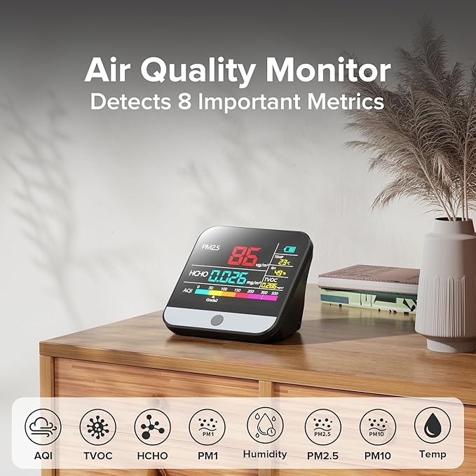 Xoopon 13 in 1 Air Quality Monitor Indoor Portable PM1|PM2.5|PM10|TVOC|Formaldehyde|Temp|Humidity and 6AQI Detector with Beep Alarm,Easy to Use,Highly Accurate Air Quality Tester for Home,Office - Image 2