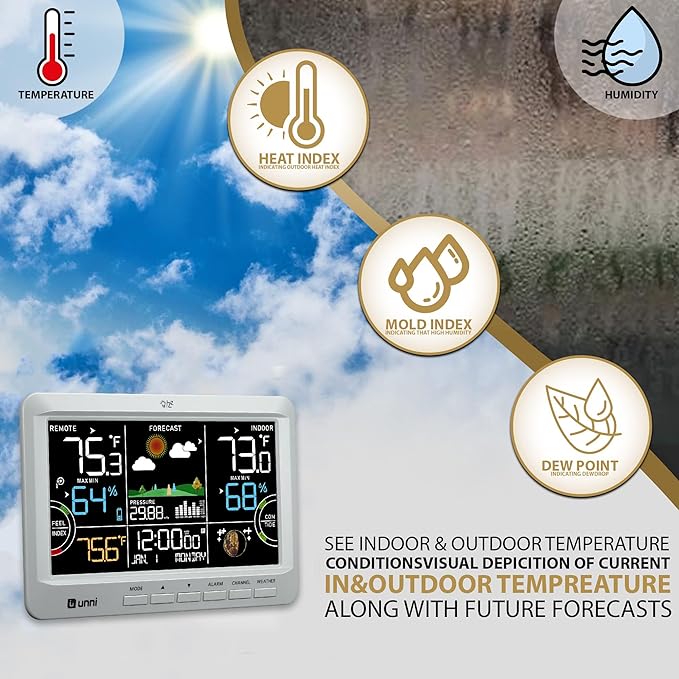 Weather Station Indoor Outdoor Thermometer Wireless, Home Atomic Clock with Large Constant Display, Inside Outside Temperature Humidity Monitor, Dew Heat Point, Barometer Grey - Image 2