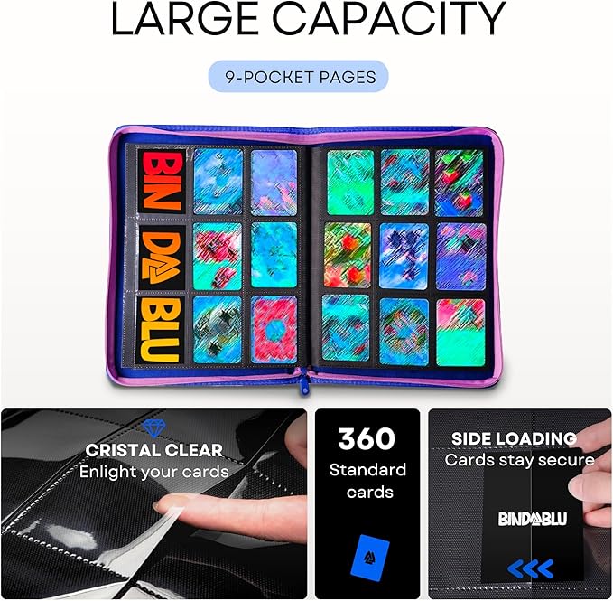 9 Pocket Trading Card Zip Binder - 360 Side Loading Pocket Binder for Colletible Games, Sport, TCG - Trading Card Binder - Gift Card holder for Boys and Girls - Blue card binder - Image 2