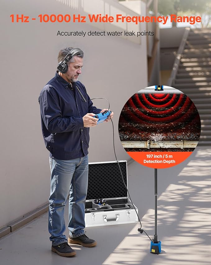 VEVOR Pipe Water Leak Detector for Outdoors, 1Hz-10000Hz, 7" Touchscreen Leakage Detection Locator for 16.4FT (5m) Underground Plumbing - with Medium & Large Sensor, 3 Listening Rods, Headphone & Case - Image 2