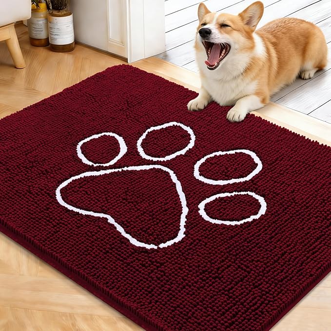 OLANLY Dog Door Mat for Muddy Paws 40x32, Paw Print Design, Absorbs Moisture and Dirt, Absorbent Non-Slip Washable Doormat, Quick Dry Chenille Mud Mat for Dogs, Entry Indoor Entryway Carpet, Burgundy by OLANLY