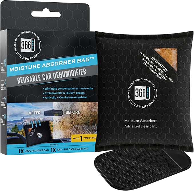 Dehumidifier & Moisture Absorber Bag – Reusable Silica Gel with Color-Changing Indicator – Eliminates Humidity & Musty Odors for Cars, RVs & Home (1) by 366Days