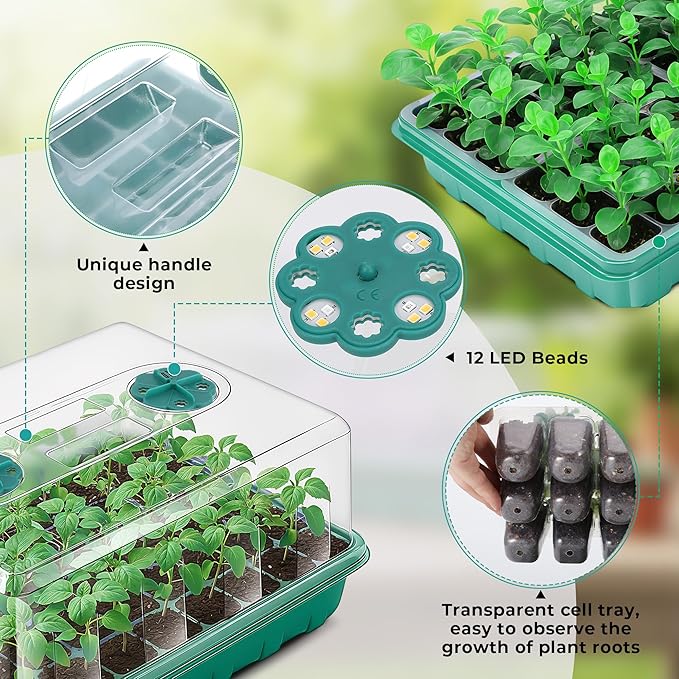 96 Cells Seed Starter Tray with Lights, 2 Packs Seed Starter Kit with Humidity Vented Domes and High Lid, Adjustable Brightness Germination Kit for Indoor Greenhouse Seed Starter - Image 2