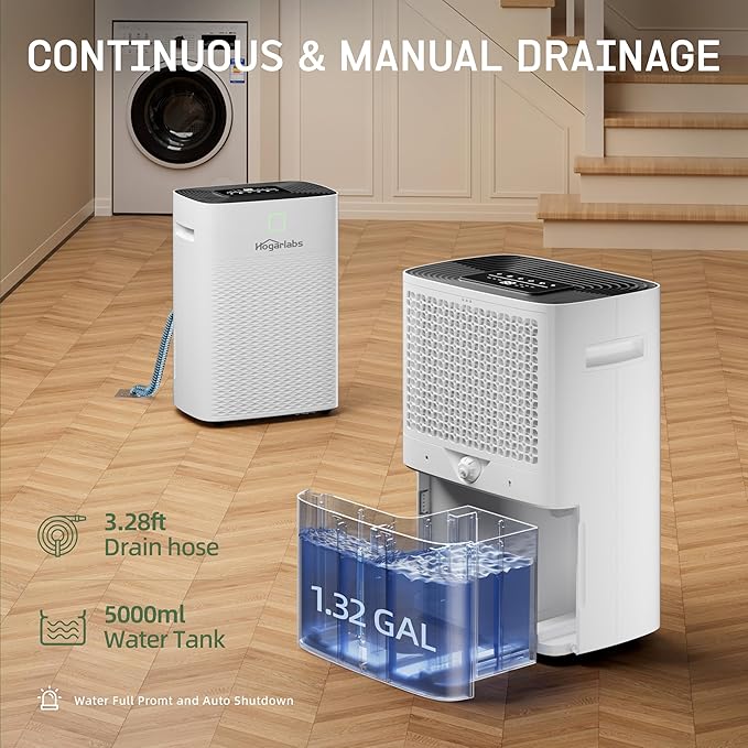 80 Pints Energy Star Dehumidifier Basement Home, Smart Silent Dehumidifier with Drain Hose, 1.32 Gal Water Tank, Intelligent Humidity Control, 24H Timer, for Large Room Bathroom Bedroom - Image 3