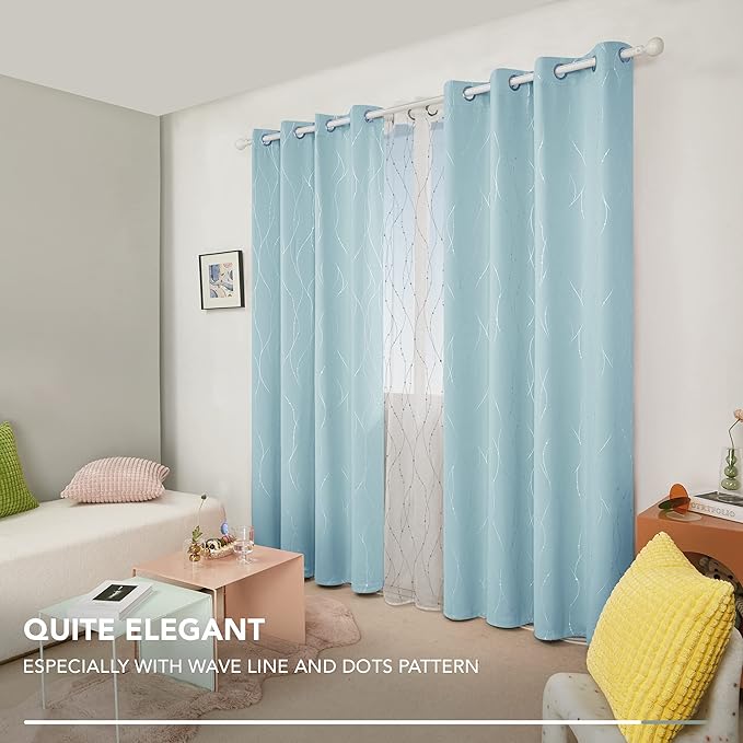 Deconovo Blackout Curtains, Thermal Insulated Soundproof Grommet Drapes, Wave Dot Foil Print, 52 x 95 Inch, Set of 2, Machine Washable Window Panel for Bedroom Living Room Nursery Kitchen, Light Blue - Image 8