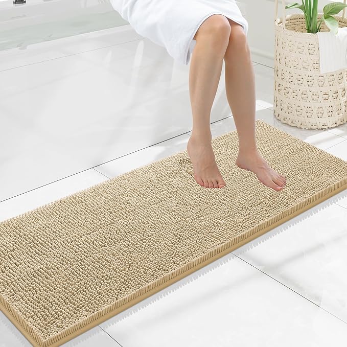 Smiry Luxury Chenille Bathroom Rugs 47x17, Extra Soft and Absorbent Shaggy Bath Mat, Machine Washable, Non-Slip Plush Carpet Runner for Tub, Shower, and Floor, Home Decor Accessories, Beige by Smiry