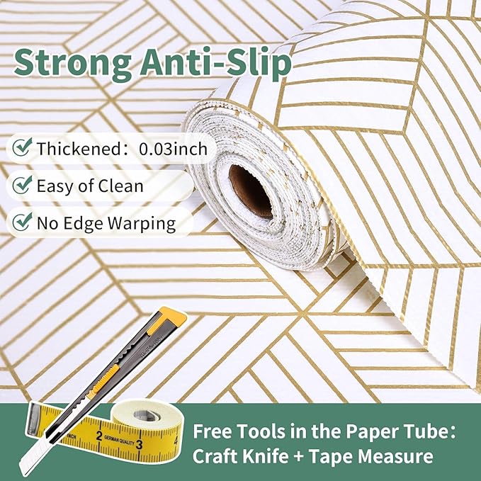 Shelf Liners for Kitchen Cabinets 23.6in x 40FT, Non Adhesive Cabinet Liner Strong Non-Slip Thickened Gold Geometric Drawer Liner, Easy to Clean for Shelf, Cabinet with Knife and Tape Measure - Image 2